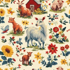 Obraz premium Seamless pattern featuring farm animals and colorful flowers on a light background, perfect for textiles and decorative designs.