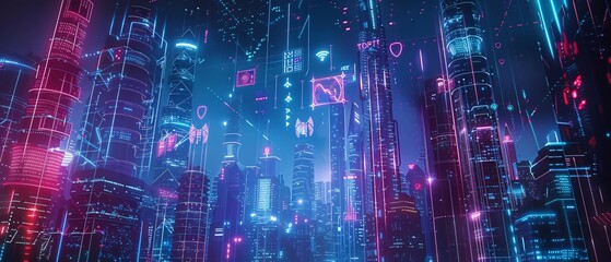 Fototapeta premium Cyberpunk Cityscape: Holographic Cybersecurity Data Visualizations in Neon Lights
