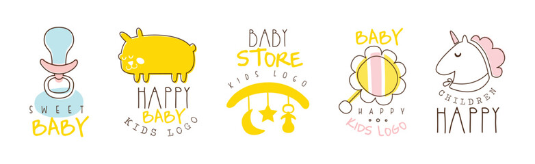 Kids Shop and Store Promo Logo and Label Vector Set