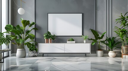 Modern minimalist style, gray wall with white cabinet and potted plants, large blank picture frame hanging on the grey wall, marble floor tiles in living room interior design.