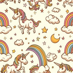 Obraz premium Seamless pattern of whimsical unicorns, rainbows, stars, and clouds in pastel colors on a cream background.