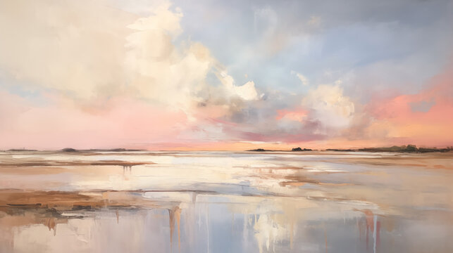 This is a minimalist painting of a coastal sunset