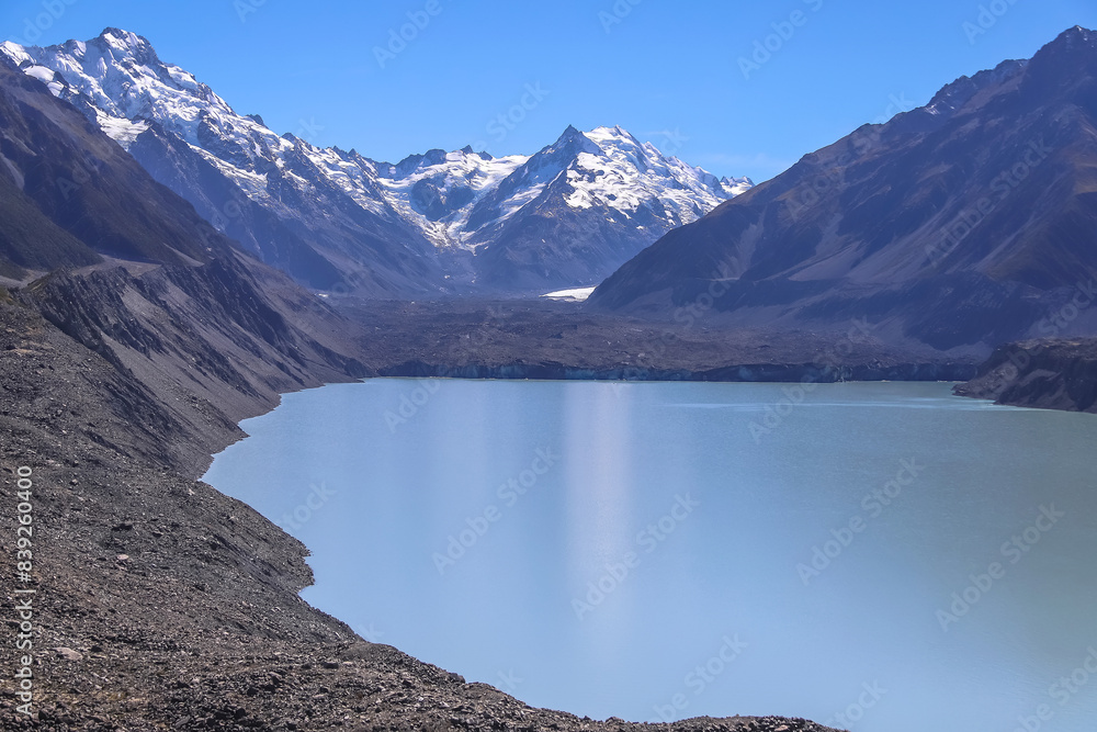 Wall mural beautiful lake landscape, mountain and reflection, scenic view, hooker lake, new zealand, south isla