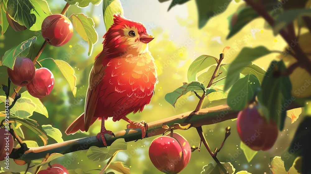 Poster a beautiful red bird sits on a branch of an apple tree. the bird is facing the viewer and is surroun