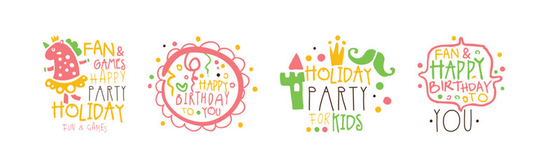 Kids Birthday and Holiday Party Entertainment Promo Signs Vector Set