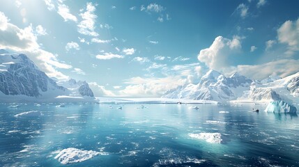 Antarctica with icebergs floating in the ocean, surrounded by snowcapped mountains under clear blue skies. The water reflects sunlight and there is an atmosphere of serene beauty.