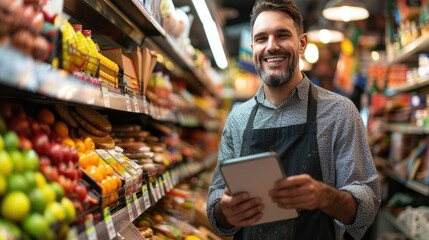 male store owner using a tablet check stock in her grocery, small business running concept, with copy space