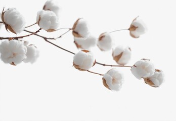 Cotton blossom on white cotton that is transparent and cut out using copy space for backdrops.