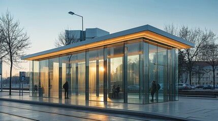 Obraz premium Modern Glass Pavilion Reflecting Golden Sunset in Urban Cityscape. Generative AI