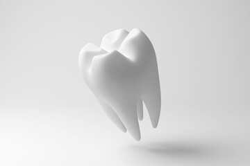 White human molar tooth floating in mid air on white background in monochrome and minimalism. Illustration of the concept of dental health and oral hygiene