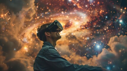 Scientist in VR as astral projection, exploring bodys constellation, spiritual art