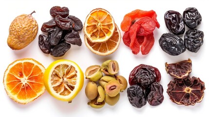 dried fruits on white background. concept of food ingredient for designer.