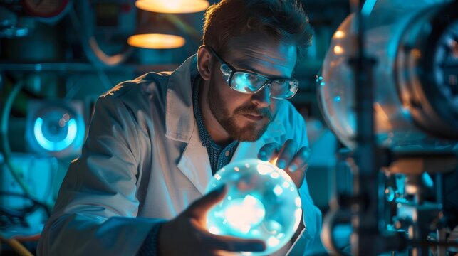 Scientist in lab coat as a deepsea explorer, studying bioluminescent creature, bathysphere setting