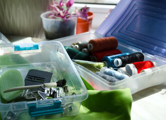 Sewing machine components and sewing threads.