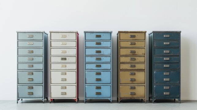 colorful filing cabinets isolated on white background, office object concept for designer 
