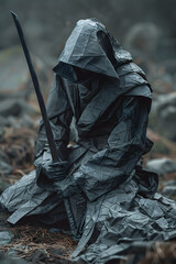 A lone samurai kneels in the rain, his sword drawn and ready. He is prepared to fight for his life.