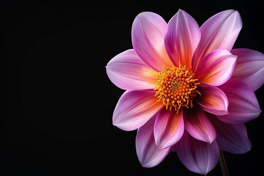 flower Photography, Dahlia David Howard, copy space on right, Close up view, Isolated on Black Background