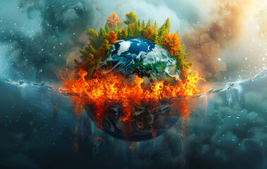 Globe is on fire melting in the ocean on stormy background. Global warming armageddon concept.