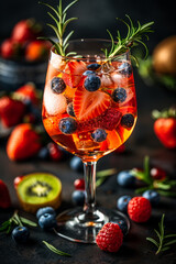 Refreshing summer drink with berries ice and rosemary on dark background