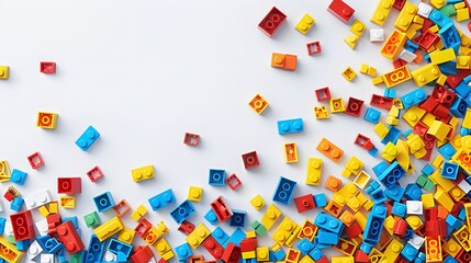 White background with colorful pieces scattered around, creating an atmosphere of fun and creativity for kids' birthday party. as a backdrop for advertising, product presentation.