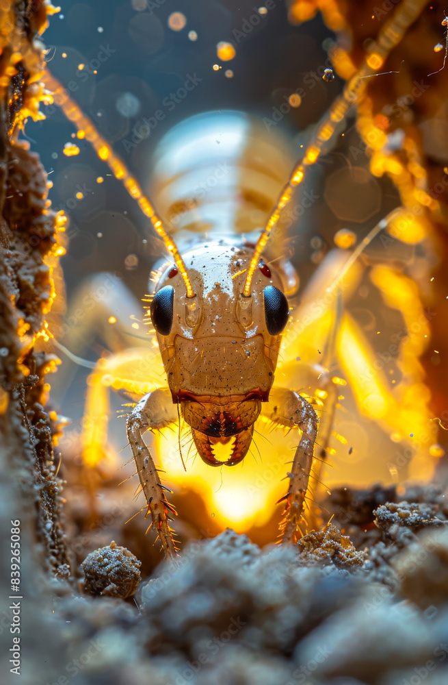 Poster firefly is seen in the water with its eyes open with small white boat visible in the background.
