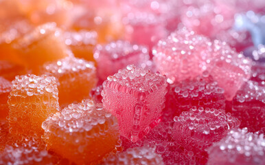 Colorful gummy bears close up on white background