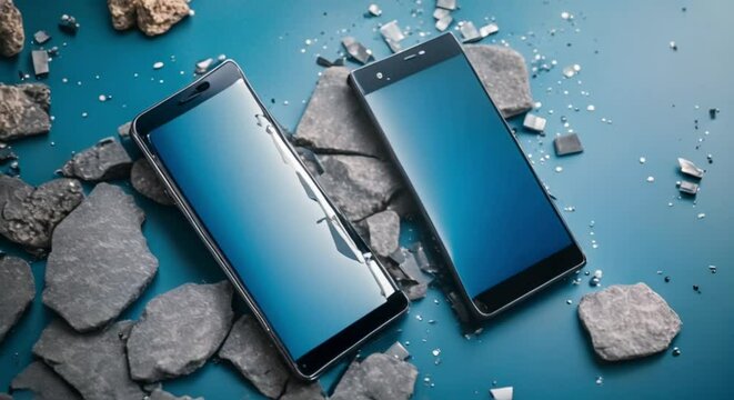 modern touchscreen smartphone with fixed screen vs cracked broken screen on blue background