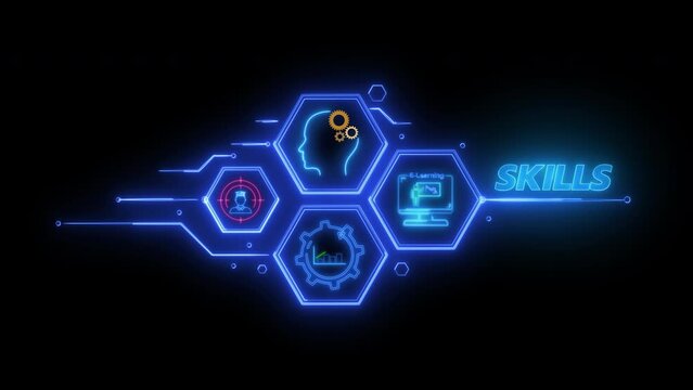 Skill knowledge ability business and technology concept. Work performance is influenced by skills, abilities and competence. Glowing neon line animated skills icon isolated on transparent background.