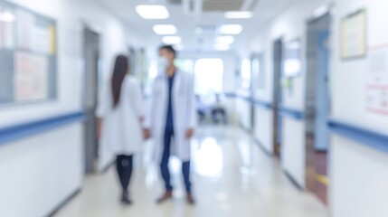 Abstract blurred image of doctor and patient people in hospital interior or clinic corridor for background