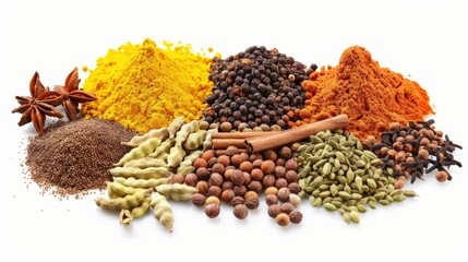 Indian spices on white background. concept of food ingredient for designer.