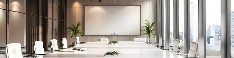 A large conference room with a white board and a potted plant