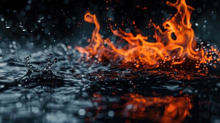 Fire flames and water on black background