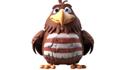 A cartoon eagle with blue eyes and a striped shirt