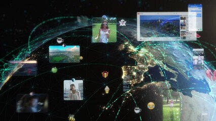 
Beautiful Animation Spinning Earth with City Lights and Connections. Several Social Media Interfaces, Emoji, Messages Displays over Europe and United States. Augmented Reality Elements. People. - Powered by Adobe