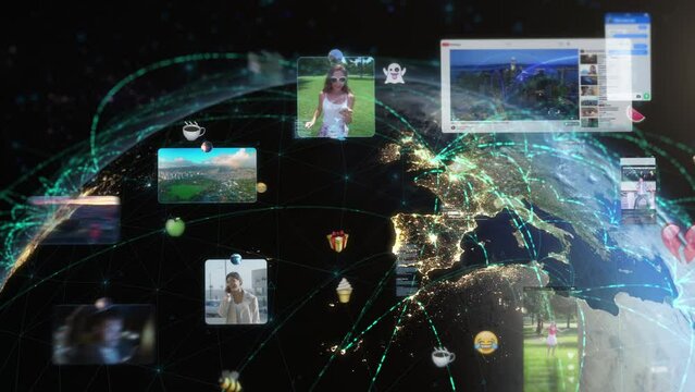 
Beautiful Animation Spinning Earth with City Lights and Connections. Several Social Media Interfaces, Emoji, Messages Displays over Europe and United States. Augmented Reality Elements. People.