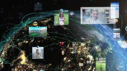 Blue Rotating Earth With Bright Connections Social Media Interfaces, Emoji, Messages and Charts. Futuristic  World From Asia to Europe with Augmented Reality Elements. People.