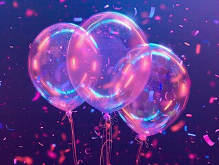 Futuristic birthday party scene with holographic balloons and neon confetti, vibrant digital ambiance