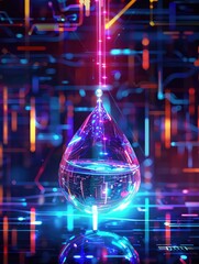Futuristic water droplet with glowing neon highlights, suspended in a digital environment, serene and advanced