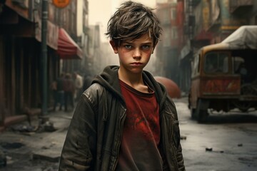 Portrait of a young boy with a determined look in a desolate urban setting