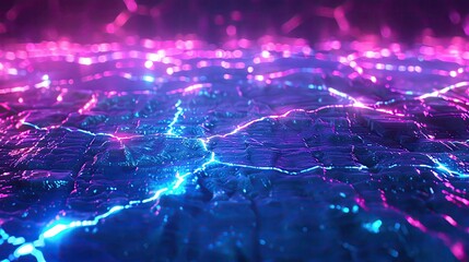 Fototapeta premium Holographic ground with shimmering neon cracks and contours, serene futuristic backdrop