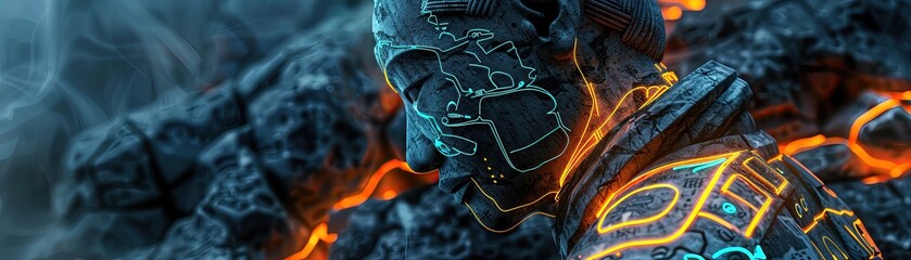 Futuristic terracotta soldier with glowing neon engravings, digital archaeological site, serene high tech ambiance