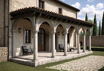 Fototapeta premium facade and front garden of an ancient brick villa, stone winery