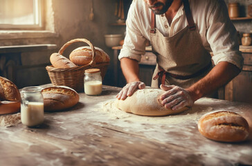 hands of baker making bread, man working with dough for bread photorealistic illustration series of bread concept with copy space 