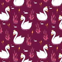 Cute hand drawn Swan and Flowers - vector print. Seamless pattern with cartoon swan, flowers, leaf