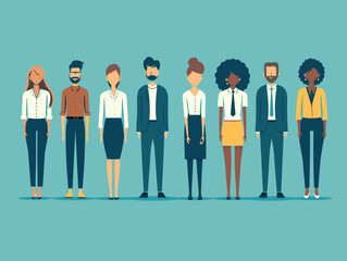 Diverse group cartoon business professionals standing together. Multiethnic male female characters, corporate team, workplace diversity. Flat design vector illustration office workers, formal