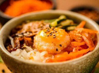 Bibimbap bowl garnished with kimchi - Korean Traditional Food