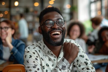 Fototapeta premium Man in glasses, smiling, seated at table in group
