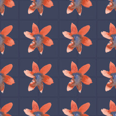 Watercolor flower seamless pattern on blue checkered background