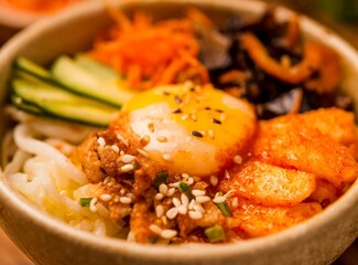 Bibimbap bowl garnished with kimchi - Korean Traditional Food