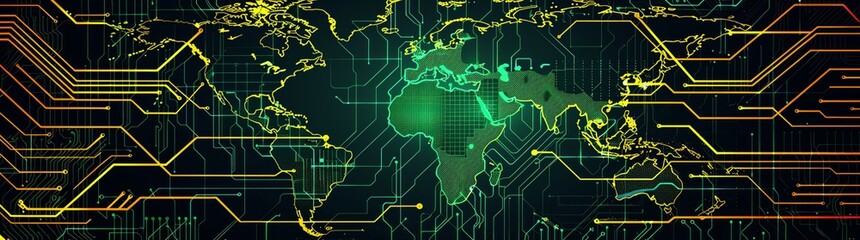 Digital world map on a circuit board background with green neon lights and golden lines, in the global technology concept.